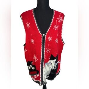 Susan Bristol Christmas Cats Sweater Vest Full Zip Hand Embroidered Vtg Holiday